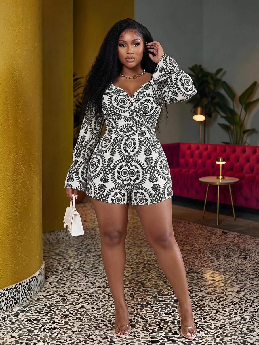 Veslaya Plus Size Summer Two-Piece Casual Vacation Shorts And Wrap Top Set ,Fall - Green - View 1