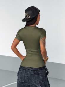 StreetHx Fashion Women's Printed Rhinestone Olive Green T-Shirt Top Night Out Going Out Summer Streetwear 90s Inspired Y2k - Army Green - View 3