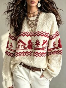 SHEIN Sweater Pullover Rajut Kabel Leher Bulat Motif Fair Isle Terbaru untuk Natal - Aprikot - View 3