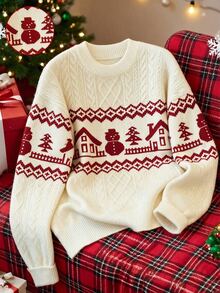 SHEIN Sweater Pullover Rajut Kabel Leher Bulat Motif Fair Isle Terbaru untuk Natal - Aprikot - View 8
