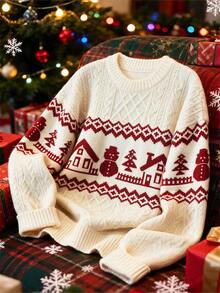 SHEIN Sweater Pullover Rajut Kabel Leher Bulat Motif Fair Isle Terbaru untuk Natal - Aprikot - View 1