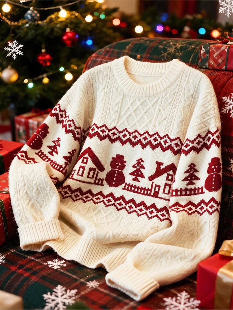SHEIN Sweater Pullover Rajut Kabel Leher Bulat Motif Fair Isle Terbaru untuk Natal - Aprikot - View 1