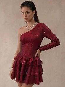 Glamine Women's One-Shoulder Long Sleeve Multi-Layer Ruffle Hem Glitter Sexy Elegant Dress Party Night Out Club Burgundy Fall Christmas - Burgundy - View 10