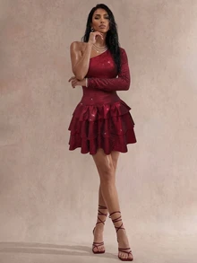 Glamine Women's One-Shoulder Long Sleeve Multi-Layer Ruffle Hem Glitter Sexy Elegant Dress Party Night Out Club Burgundy Fall Christmas - Burgundy - View 1