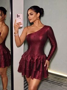 Glamine Women's One-Shoulder Long Sleeve Multi-Layer Ruffle Hem Glitter Sexy Elegant Dress Party Night Out Club Burgundy Fall Christmas - Burgundy - View 2