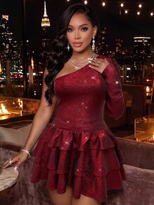 Glamine Women's One-Shoulder Long Sleeve Multi-Layer Ruffle Hem Glitter Sexy Elegant Dress Party Night Out Club Burgundy Fall Christmas - Burgundy - View 7