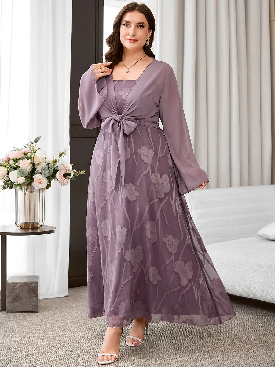 Reflora Plus Size Women's Jacquard Cami Dress Cardigan Casual Decent Elegant Daily 2 Pieces Set Autumn Wedding Mother Of The Bride Pink Maroon - Purple - View 1