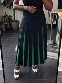 Slaydiva Plus Size Women's Knit Skirt, Black Green Color Block Pleated Midi Knitted Skirt With Elastic Waist Winter - Multicolor - View 8