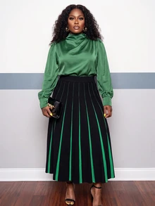 Slaydiva Plus Size Women's Knit Skirt, Black Green Color Block Pleated Midi Knitted Skirt With Elastic Waist Winter - Multicolor - View 11