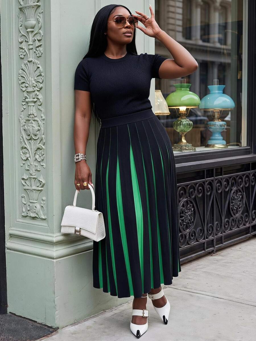 Slaydiva Plus Size Women's Knit Skirt, Black Green Color Block Pleated Midi Knitted Skirt With Elastic Waist Winter