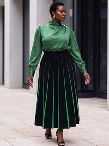 Slaydiva Plus Size Women's Knit Skirt, Black Green Color Block Pleated Midi Knitted Skirt With Elastic Waist Winter - Multicolor - View 7