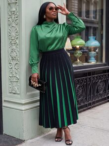 Slaydiva Plus Size Women's Knit Skirt, Black Green Color Block Pleated Midi Knitted Skirt With Elastic Waist Winter - Multicolor - View 9