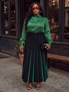 Slaydiva Plus Size Women's Knit Skirt, Black Green Color Block Pleated Midi Knitted Skirt With Elastic Waist Winter - Multicolor - View 6