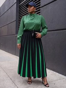 Slaydiva Plus Size Women's Knit Skirt, Black Green Color Block Pleated Midi Knitted Skirt With Elastic Waist Winter - Multicolor - View 5