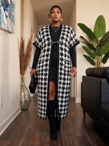 Slaydiva Plus Argyle Pattern Open Front Vest Cardigan Musim Gugur - Hitam dan Putih - View 9
