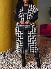 Slaydiva Plus Argyle Pattern Open Front Vest Cardigan Musim Gugur - Hitam dan Putih - View 12
