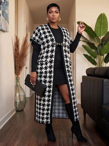Slaydiva Plus Argyle Pattern Open Front Vest Cardigan Musim Gugur - Hitam dan Putih - View 10