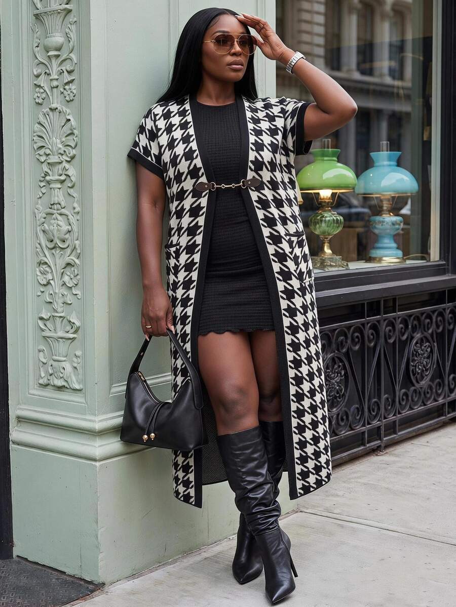 Slaydiva Plus Argyle Pattern Open Front Vest Cardigan Musim Gugur