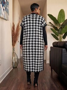 Slaydiva Plus Argyle Pattern Open Front Vest Cardigan Musim Gugur - Hitam dan Putih - View 3