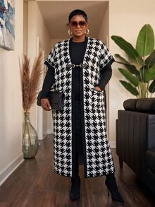 Slaydiva Plus Argyle Pattern Open Front Vest Cardigan Musim Gugur - Hitam dan Putih - View 4