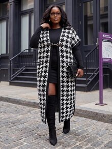 Slaydiva Plus Argyle Pattern Open Front Vest Cardigan Musim Gugur - Hitam dan Putih - View 5
