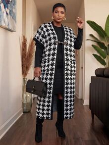 Slaydiva Plus Argyle Pattern Open Front Vest Cardigan Musim Gugur - Hitam dan Putih - View 8