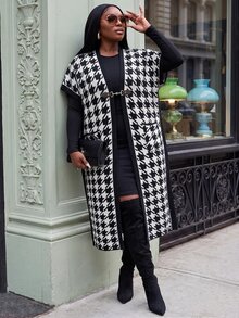 Slaydiva Plus Argyle Pattern Open Front Vest Cardigan Musim Gugur - Hitam dan Putih - View 6