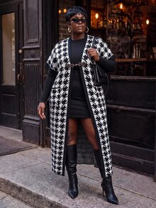 Slaydiva Plus Argyle Pattern Open Front Vest Cardigan Musim Gugur - Hitam dan Putih - View 7