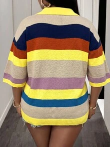 Slaydiva Plus Size Spring/Summer Casual Colorblock Striped Knit Top - Multicolor - View 3