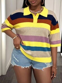 Slaydiva Plus Size Spring/Summer Casual Colorblock Striped Knit Top - Multicolor - View 4