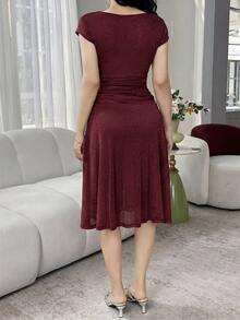 Feyla Women's Solid Color V-Neck Fitted Elegant Midi Dress Dinner Burgundy Autumn - Burgundy - View 7