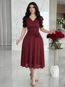 Feyla Women's Solid Color V-Neck Fitted Elegant Midi Dress Dinner Burgundy Autumn - Burgundy - View 1