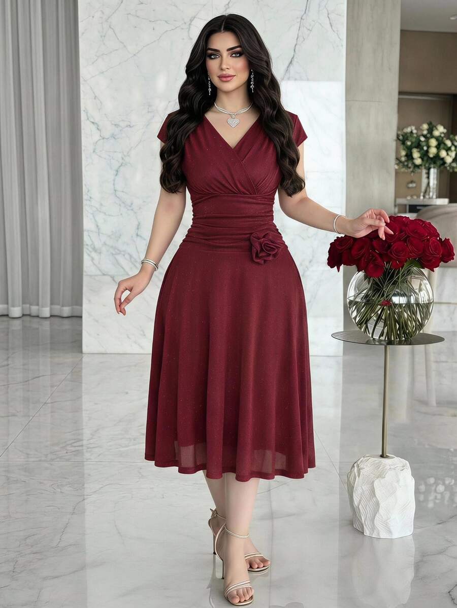 Feyla Women's Solid Color V-Neck Fitted Elegant Midi Dress Dinner Burgundy Autumn - Burgundy - View 1