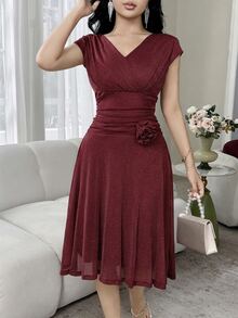 Feyla Women's Solid Color V-Neck Fitted Elegant Midi Dress Dinner Burgundy Autumn - Burgundy - View 4
