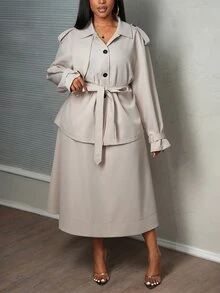Veslaya 2pcs Plus Size Women Set: Casual Windbreaker Jacket And Skirt, Autumn - Apricot - View 8