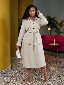 Veslaya 2pcs Plus Size Women Set: Casual Windbreaker Jacket And Skirt, Autumn - Apricot - View 1