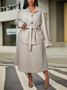 Veslaya 2pcs Plus Size Women Set: Casual Windbreaker Jacket And Skirt, Autumn - Apricot - View 2