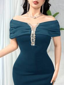 Feyla Women's Rhinestone Decor Ruched Off Shoulder Fitted Elegant Dress - Lake Blue - View 3