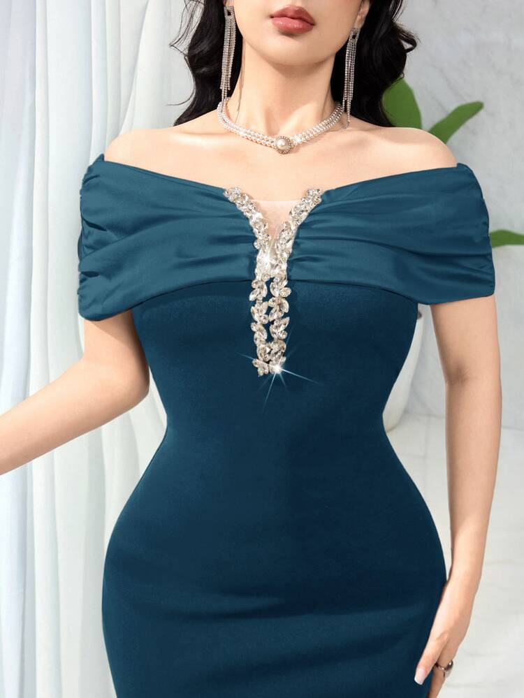 Feyla Women's Rhinestone Decor Ruched Off Shoulder Fitted Elegant Dress - Lake Blue - View 2