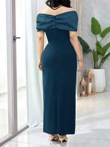 Feyla Women's Rhinestone Decor Ruched Off Shoulder Fitted Elegant Dress - Lake Blue - View 8