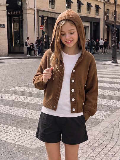 SHEIN Girls' Coffee Brown Solid Knit Cardigan,Autumn Casual Sunday Back-To-School Fashionable Hooded Sweater,Children Short Button Jacket For Tween Girl