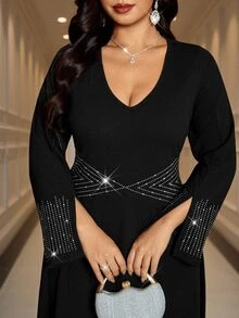 Reflora Plus Size Elegant Formal Fashion Rhinestone Dress For Evening Dinner Party Formal Cocktail Formal Black Autumn - Black - View 2
