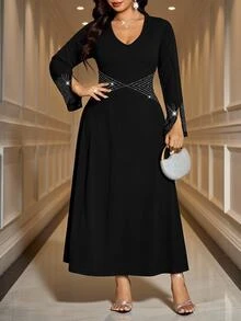 Reflora Plus Size Elegant Formal Fashion Rhinestone Dress For Evening Dinner Party Formal Cocktail Formal Black Autumn - Black - View 3