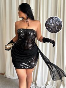 GalTyme Plus Size Women Solid Color Sequin Patchwork Ribbon Mesh Strapless Dress - Black - View 2