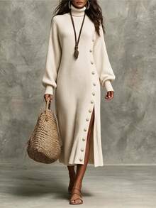 SHEIN Turtleneck Button Detail Split Thigh Sweater Dress - Apricot - View 8