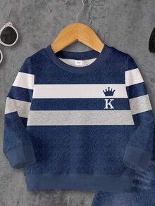 2 Random Pcs,Young Boy Outfits Set,Toddler Crew Neck Striped Cartoon Horse Crown Pullover Sweatshirt And Long Sweatpants Winter Clothes Pack - Multicolor - View 4