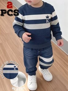 2 Random Pcs,Young Boy Outfits Set,Toddler Crew Neck Striped Cartoon Horse Crown Pullover Sweatshirt And Long Sweatpants Winter Clothes Pack - Multicolor - View 1