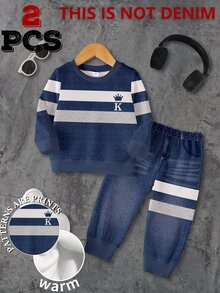 2 Random Pcs,Young Boy Outfits Set,Toddler Crew Neck Striped Cartoon Horse Crown Pullover Sweatshirt And Long Sweatpants Winter Clothes Pack - Multicolor - View 6