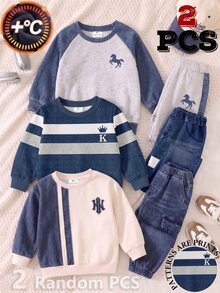2 Random Pcs,Young Boy Outfits Set,Toddler Crew Neck Striped Cartoon Horse Crown Pullover Sweatshirt And Long Sweatpants Winter Clothes Pack - Multicolor - View 3