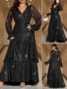 Reflora Gaun Panjang Wanita Ukuran Besar dengan Motif Ruffle Bergelombang, Pinggang Elastis Tinggi, Menutupi Bentuk Tubuh, Cocok untuk Musim Gugur, Lipit, Motif Bunga, Halloween, Koktail, Hitam, Elegan, Musim Gugur. - Hitam - View 1